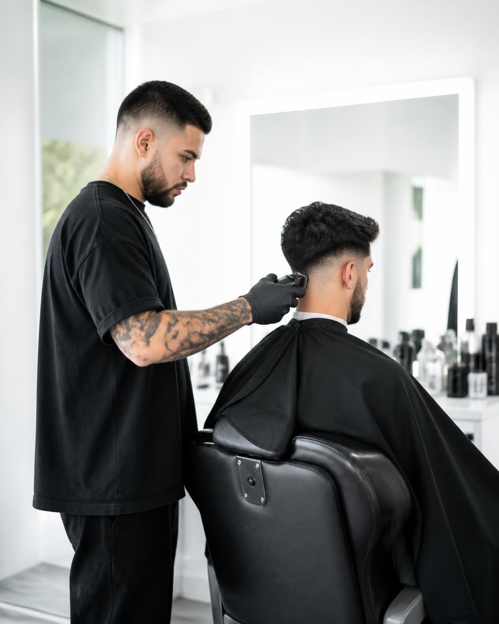 Barber at Khai Barber Studio giving a precise fade haircut